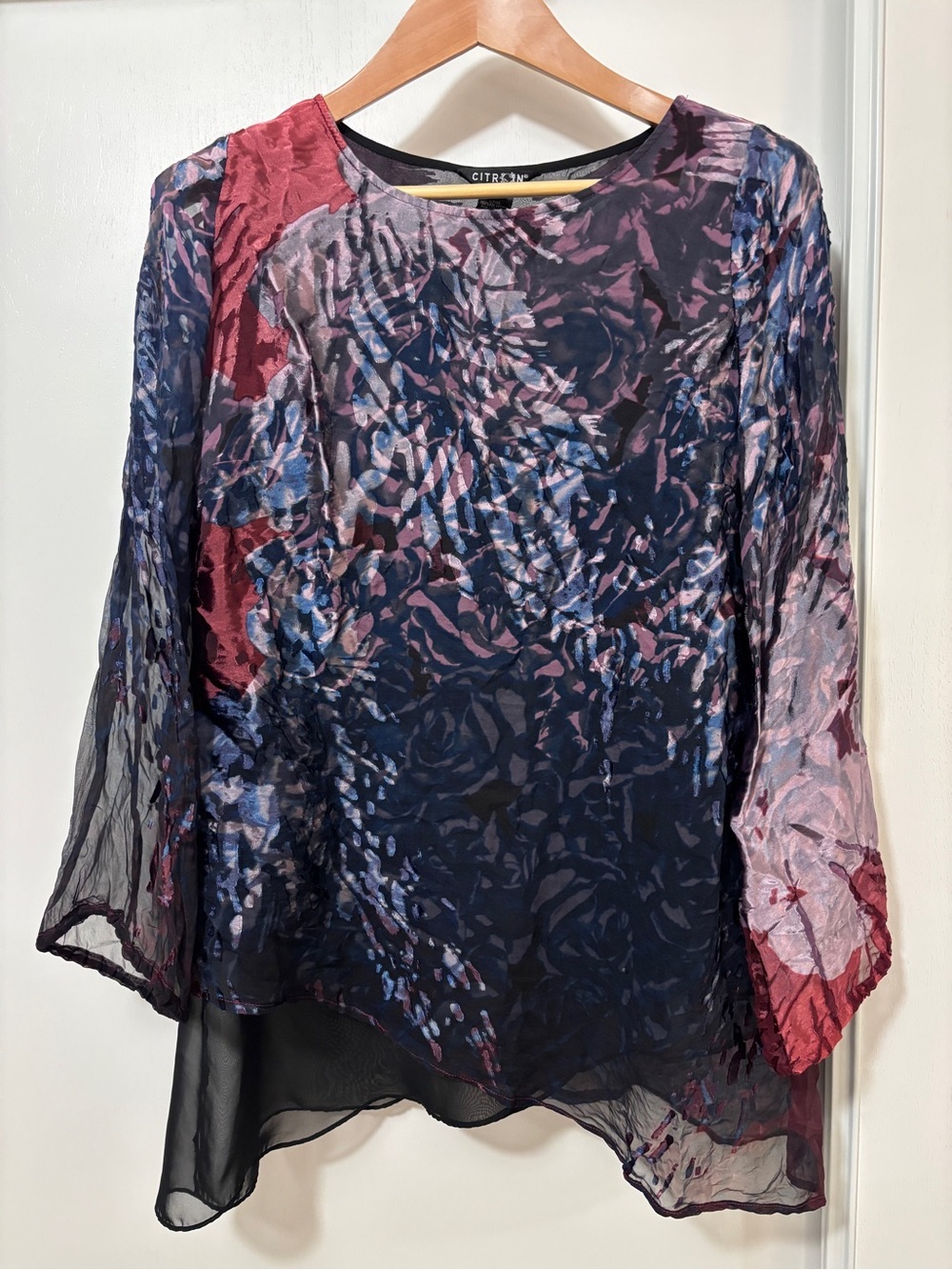 Citron Silk Burnout Top Size Large Boho Chic Art to Wear Asymetrical Hem Purple